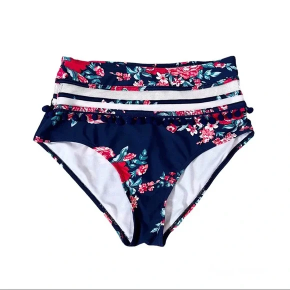 COCOSHIP Swim Cocoship High Waisted Pompom Bikini Bottom Blue